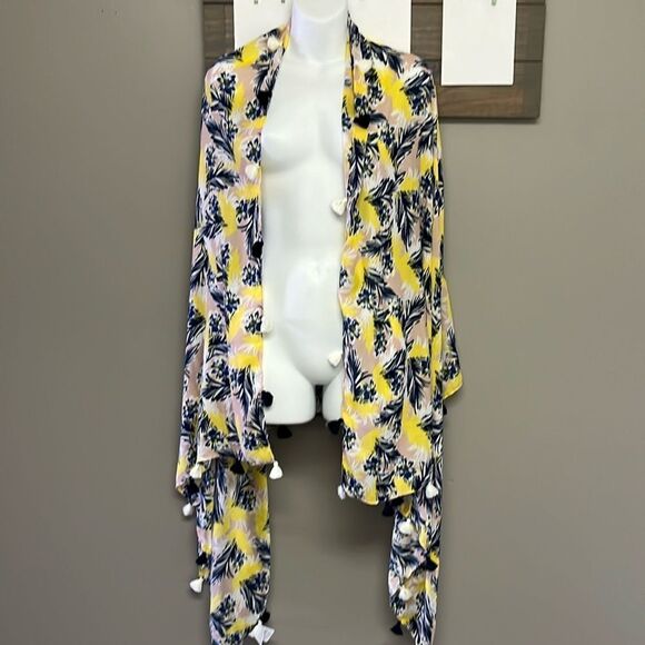 J. By J. Crew Tropical Yellow Blush Cream and Navy Wrap or Scarf with Tassels-OS - Picture 1 of 11